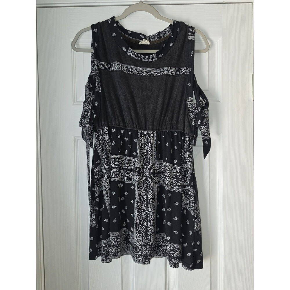Pol Black and White Bandana Print Ribbon Sleeve Tank Top Size Large